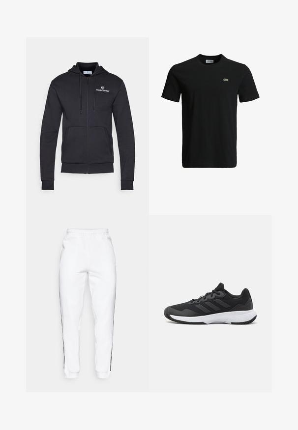 Sergio Tacchini CIPRESSO HOODIE SWEATER - Cipzáras pulóver - black/white; Fekete pamut póló kerek nyakkivágással, rövid ujjakkal és egy kis zöld krokodil logóval a bal mellen. Sima textúra, laza dizájn.; Fehér melegítőnadrág, gumis derekkal, fekete oldalsávokkal és szegőkkel. Puha anyagból készült, sima tapintású.; Fekete sportcipő, amely texturált felsőrésszel, három vízszintes csíkkal és mintázott talppal ellátott fehér talppal rendelkezik. Könnyű és áramvonalas dizájn.