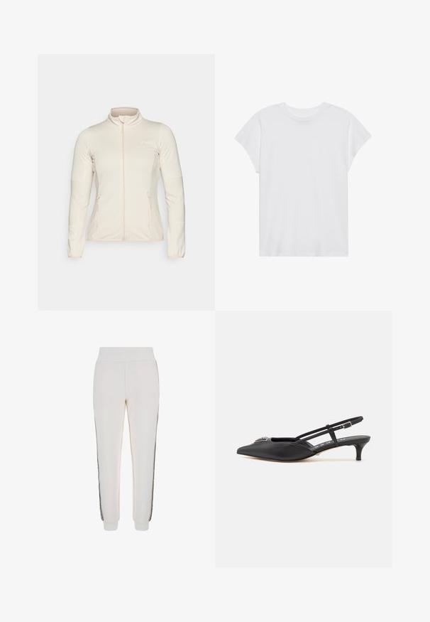 Light beige zip-up jacket, featuring long sleeves, textured side panels, and two front zip pockets. Smooth fabric with flattering fit.; White short-sleeve t-shirt with a round neck, relaxed fit, made of soft cotton fabric. Smooth texture, no patterns or logos.; White jogger pants made of soft fabric, featuring a ribbed waistband and black side stripes with a logo detail on the front.; Black slingback shoes with a pointed toe, made of smooth material, featuring a small heel and a decorative silver accent on the vamp.