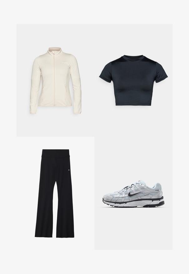 Giacca a zip beige chiaro, con maniche lunghe, pannelli laterali texturizzati e due tasche frontali con zip. Tessuto liscio con vestibilità favorevole.; Top corto a maniche corte in blu navy scuro, realizzato in tessuto liscio e elasticizzato. Presenta una scollatura tonda e dettagli di cuciture minimali. Nessun logo visibile.; Pantaloni yoga neri a campana in tessuto elasticizzato, con una cintura ampia e un piccolo logo vicino all'anca. Texture liscia, senza motivi.; Sneakers Nike P-6000 con una toma superiore in mesh grigio chiaro, accenti neri e una resistente suola in gomma nera. Dotati di un design intricato e di un sistema di allacciatura.