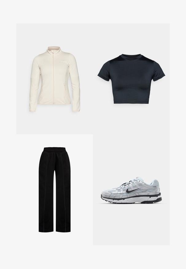 Lysbeige zip-up jakke med lange ærmer, teksturerede sidelapper og to frontlynlåslommer. Glat stof med en flatterende pasform.; Kortærmet cropped top i mørk navy, lavet af glat, stretchstof. Har rund halsudskæring og minimale syningsdetaljer. Ingen synlige logoer.; Sorte sweatpants med en afslappet pasform, der har en elastisk talje, sidesømme og kontrastsyet detaljer for ekstra finesse.; Nike P-6000 sneakers med en lys grå mesh overdel, sorte accenter og en holdbar sort gummisål. Har et detaljeret design og snøresystem.