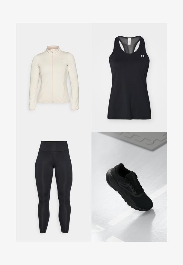 Svijetlosmeđi zip-up jakna, s dugim rukavima, teksturiranim bočnim panelima i dva prednja zip džepa. Glatka tkanina s pobjedničkim krojem.; Crni atletski top bez rukava s teksturiranim materijalom, dizajnom na leđima i suptilnim logotipom na prsima. Lagani i prozračni materijal.; Crne tajice visoki struk, pune duljine, s glatkim platnom i vidljivim šavovima na prednjoj strani i u struku.; Crni sportski tenisice sa mrežastim gornjim dijelom, okruglim vrhom, podstavljenim potplatom i teksturiranim detaljima, postavljene na glatku bijelu površinu.