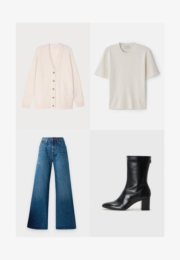 Tiger of Sweden ILARIA - Chaqueta de punto - eggshell; Camiseta de manga corta color crema con un escote redondo, hecha de material suave, con un corte recto y detalles mínimos.; Jeans de mezclilla azul de pierna ancha con cintura alta, ligero desgaste, diseño clásico de cinco bolsillos y cierre de botón en la parte delantera.; Bota de cuero negro hasta el tobillo con punta afilada y tacón de bloque de 4 cm. Su diseño elegante incluye una cremallera lateral para facilitar su uso. Textura suave.