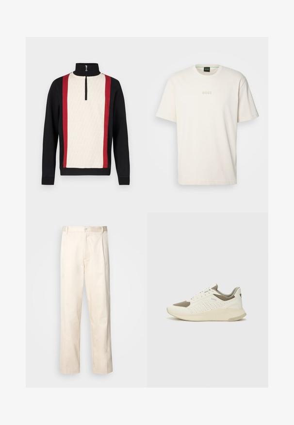 Pullover with a half-zip collar, featuring a cream front with a pattern, black sleeves, and red side stripes. Textured fabric.; BOSS TEE - Basic T-shirt - open white; Beige cotton trousers with a straight-leg cut, featuring a button closure and pleats at the front for added detail.; White and light beige athletic sneaker, featuring a mesh upper, perforated detailing, and a textured midsole with branding on the heel.