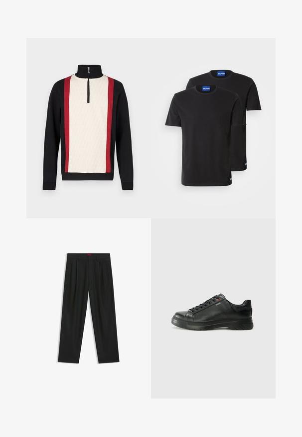 Pullover with a half-zip collar, featuring a cream front with a pattern, black sleeves, and red side stripes. Textured fabric.; Two black cotton T-shirts with round necklines, short sleeves, and blue "HUGO" labels on the collars and side hems.; Black trousers with a pleated design, wide leg shape, and a smooth texture. Features a red waistband tag.; Black leather sneaker with textured upper, padded collar, and red logo detail. Features a thick rubber sole with distinct tread pattern.