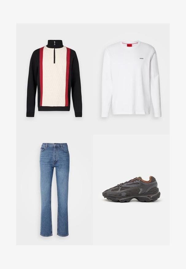 Poolover poolzipperkraega, millel on kreemikas esiosa mustriga, mustad varrukad ja punased küljeribad. Tekstuurne kangas.; Valge pika varrukaga puuvillane särk, millel on ümmargune kaelus, must "HUGO" logo vasakul rinnal ja sile tekstuur.; Sinised denim teksad kõrge vöökoha, sirge jala disaini ja kerge pleekimisega. Omavad klassikalist viit taskut ja tõmbluku sulgemist.; Tumed hallid Lacoste tossud, mis on valmistatud võrkkangast ja sünteetilisest materjalist, omavad tekstureeritud talla ning pruune aktsente kaeluse ja brändingu juures.