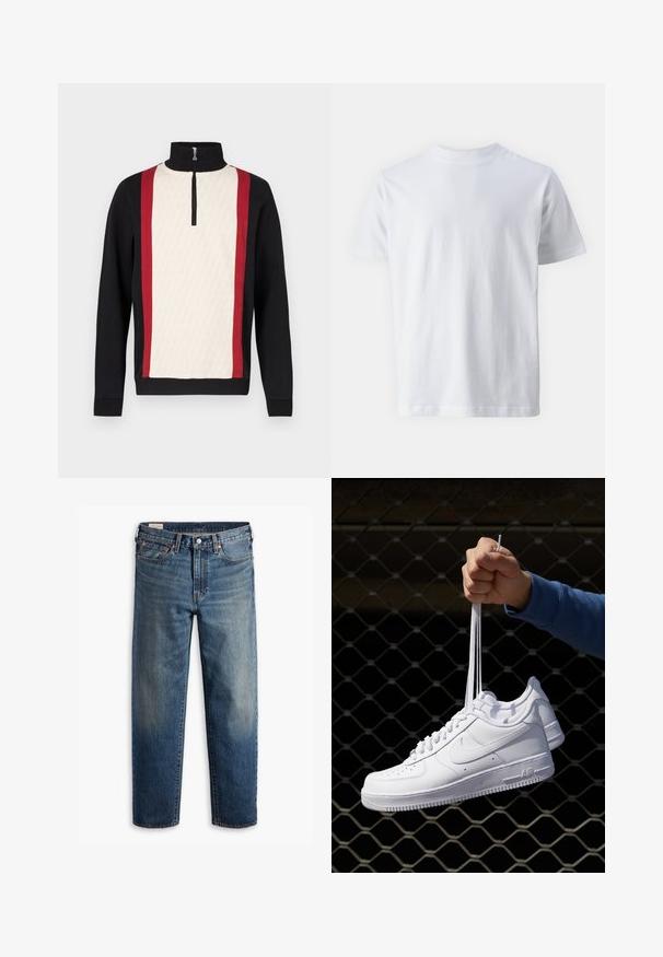 Trui met een halve rits kraag, met een crèmekleurig voorpand met een patroon, zwarte mouwen en rode zijstrepen. Gestructureerde stof.; Witte korte mouwen t-shirt van katoen, met een ronde hals en een zachte textuur, met een rechte snit en zonder patronen.; Donkerblauwe spijkerbroek van denim met een losse pasvorm, rechte pijpen, vijf steekzakken en subtiele vervaging op de dijen. Zilveren knoop en klinknagels.; Witte leren sneakers met perforaties, ronde neus, vlakke zool en dikke veters, met een zichtbare swoosh-logo en "AIR" op de hiel.