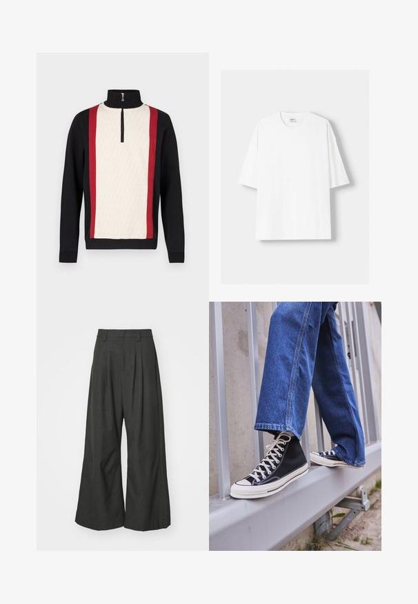 Pulover cu guler cu fermoar pe jumătate, având partea din față crem cu un model, mâneci negre și dungi laterale roșii. Țesătură texturată.; Tricou alb cu mânecă scurtă, confecționat din bumbac, cu un decolteu rotund și o croială lejeră. Textură netedă, fără modele sau accente vizibile.; Jaded London GOLIATH TROUSER UNISEX - Pantaloni - grey; Tenisi negri tip gheată cu talpă și șireturi albe, asortați cu blugi albaștri largi, sprijiniți pe un balustradă gri.
