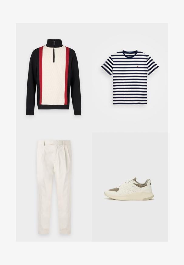 Megztinis su pusiau užtraukiamu apykakle, turintis kremiškos spalvos priekinę dalį su raštu, juodas rankoves ir raudonas šonines juostas. Tekstūruota medžiaga.; Mėlynai ir baltai dryžuota trumpomis rankovėmis T marškiniai, pagaminti iš medvilnės, su apvalia kaklo iškirpte ir mažuoju raudonu siuvinėtu logotipu ant krūtinės.; Balti, susiūtos kelnes, turinčios pritaikytą siluetą, pasižyminčias lygia tekstūra, dirželio kilpomis ir siaurėjančiomis kojomis. Nėra matomų kišenių ar raštų.; Baltas ir šviesiai bežinis sportinis kedas, su tinklo viršumi, perforuotais detalėmis ir tekstūruotu tarpine su logotipu ant kulno.