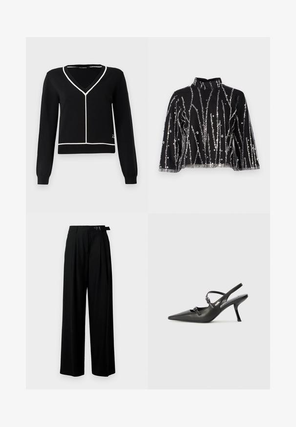 Černý pletený svetr s výstřihem do V, zdobený bílými akcentními liniemi podél výstřihu a lemu. Dlouhé rukávy a přiléhavý střih.; Černý zkrácený top s vysokým límcem, s vertikálními stříbrnými flitry, průhlednými rukávy a texturovanou tkaninou.; Černé široké kalhoty s vysokým pasem, záhyby vpředu a páskem s přezkou. Vyrobené z hladké, lehké tkaniny.; Černé kožené lodičky na boku s špičatou špičkou, štíhlým podpatkem a dekorativní přezkou na nártu. Hladká textura a elegantní design.