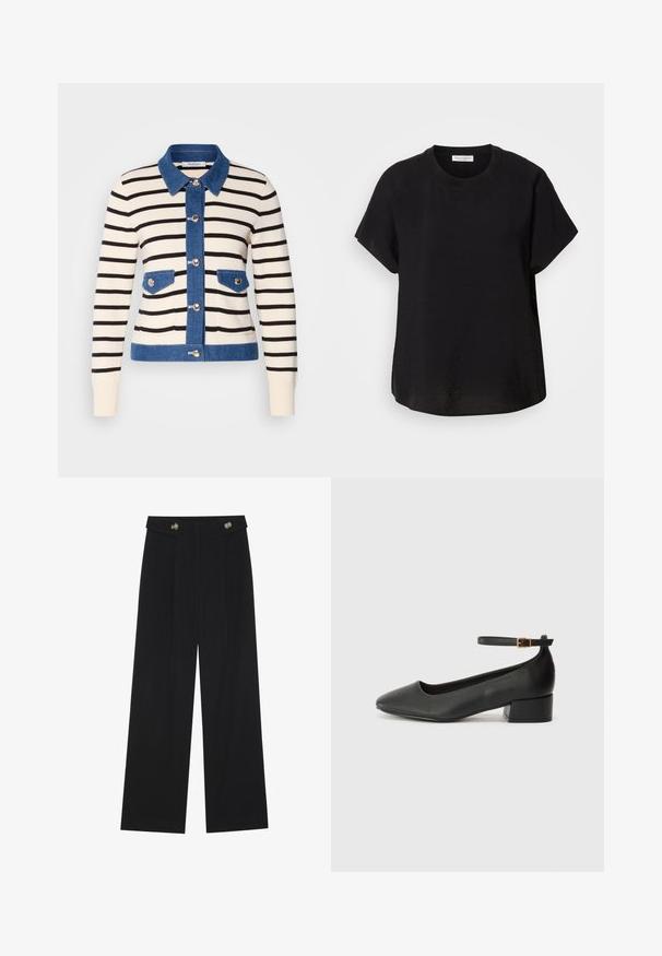 Gestreifter Cardigan mit einer cremefarbenen Basis und schwarzen Streifen, Denim-Kragen und Taschen. Vorderknöpfe und kontrastierende Denim-Details.; Schwarz, kurzärmliges T-Shirt mit Rundhalsausschnitt. Hergestellt aus leichtem Stoff, mit entspannter Passform und geradem Saum am unteren Ende.; Schwarze weite Hosen mit hoher Taille, Knopfdetails am Bund und vorderen Falten.; Schwarze Lederpumps mit spitzem Zehenbereich und niedrigem Blockabsatz. Mit einem Knöchelriemen und einer goldfarbenen Schnalle. Glatte Textur.