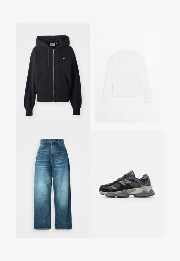 Felpa con zip di colore blu navy realizzata in tessuto morbido, dotata di tasca a marsupio, polsini a costine e un piccolo logo a forma di cuore sul petto.; Maglietta bianca a maniche lunghe, con scollo rotondo, vista da dietro, posata piatta su uno sfondo bianco.; Jeans a vita alta e gamba larga in denim blu medio, con una finitura sbiadita, design tradizionale delle tasche e chiusura frontale con bottone.; Sneaker nera e grigia con un mix di materiali in suede e mesh, suola spessa, logo prominente e accento rosso sulla linguetta.