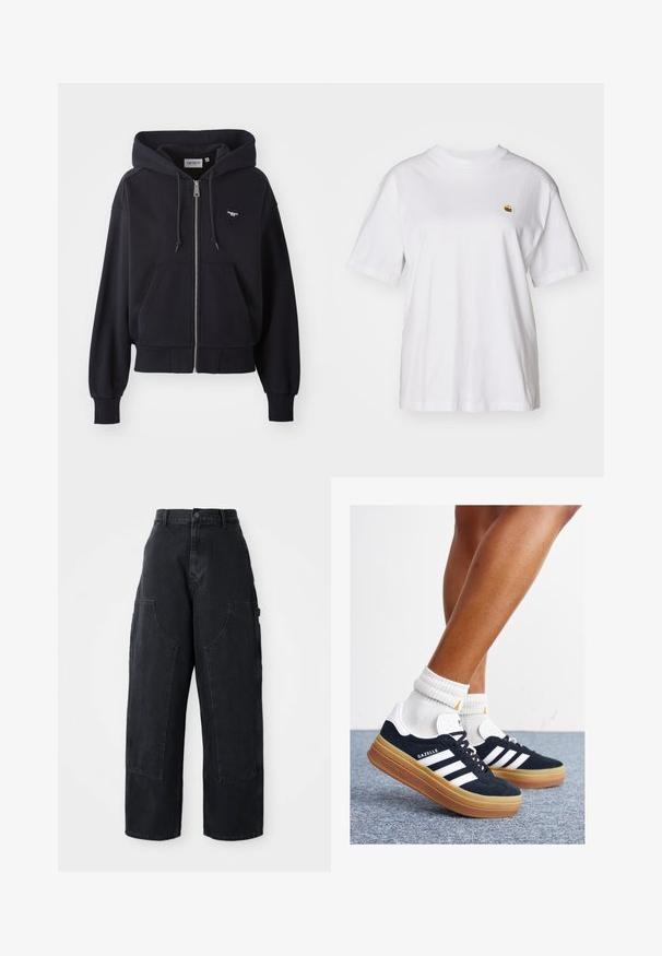 Navy blue zip-up hoodie made of soft fabric, featuring a kangaroo pocket, ribbed cuffs, and a small heart-shaped logo on the chest.; White cotton t-shirt with a relaxed fit, short sleeves, and a small embroidered logo on the left chest area.; Black denim wide-leg cargo pants with a high waist, two large front pockets, and a button closure at the waist. Smooth texture, casual design.; Black suede sneakers with white stripes and accents, rounded toe, gum rubber outsole, paired with white ribbed crew socks.