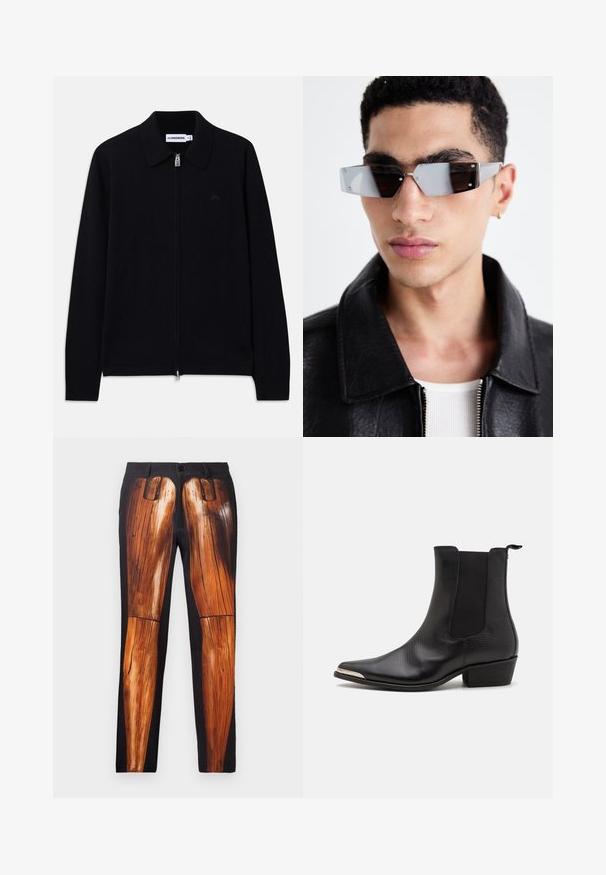 Svart langermet genser med glidelås og krage, ribbet mansjetter, subtilt frontlogo og merketag inni kragen.; Svart skjorte med knappestress og lagde korte og lange ermer. Laget av bomull, med klassisk krage og subtil logo detalj på skulderen.; Sorte bukser med et grafisk print af træben, med en glat tekstur og en kontrastfyldt shiny overflade på en mat baggrund.; Sorte ankelstøvler laget av teksturert lær med spiss tå, elastiske sidepaneler, en bakre trekkstang og en lav blokkhelt.; Vinklet gråtonede solbriller med sølvhardware, satt mot en lys bakgrunn. Linsene har en unik geometrisk form.
