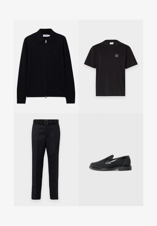 Must muströöbiga musta värvi pusa, millel on tõmblukk, krae, soonikkoes mansetid, peene esilogo ja brändi silt krae sees.; Must mustaga T-särk, millel on ümar kaelus ja lühikesed varrukad. Vasakul rinnal on väike sinine logo. Lihtne, sirge lõikega disain.; Mustad mustad püksid on valmistatud siledast kangast, sirgelt lõigatud ja beldiga vöökoht, millel on ristkülikukujuline pandla. Märkimisväärsed esisellukid täiustavad disaini.; Must musta kootud slip-on king, millel on pehme nahast accent ülaserval, ümmargune varvas ja madal profiiliga kummitald.