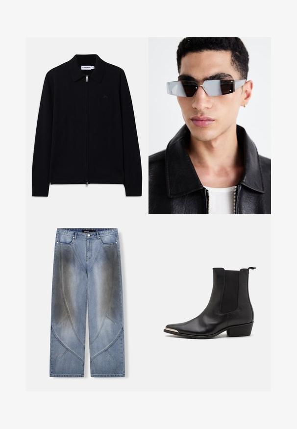 Črna dolga majica s kapuco, zadrgo, ovratnikom, rebrastimi manšetami, subtilnim logotipom spredaj in blagovno znako znotraj ovratnika.; Top brez rokavov s kariranim vzorcem v rdečih, modrih, rumenih in rjavih tonih, ki ima na prsih v odebeljenih rumenih črkah napis "WESTWOOD" s poudarjenimi zvezdami.; Svetlo modre široke jeans hlače iz denima z edinstveno kotno zasnovo, učinki bledenja in kontrastnim šivom. Stil s petimi žeparji.; Črne gležnjarje iz teksturirane usnja z nazobčanim nosom, elastičnimi stranskimi paneli, zanko za vlečenje na hrbtni strani in nizko blokasto peto.; Angularne sončne očala s sivim tonom in srebrnim okovjem, postavljena na svetli podlagi. Leče imajo edinstveno geometrijsko obliko.