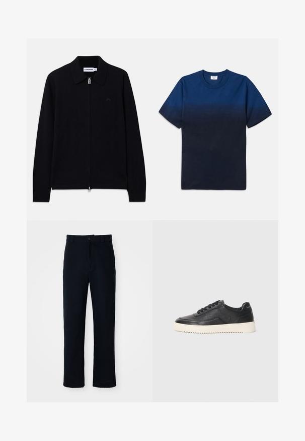 Sweater preto de manga longa com fecho, colarinho, punhos canelados, logótipo discreto à frente e etiqueta da marca dentro do colarinho.; T-shirt de algodão azul marinho com decote redondo, mangas curtas e um design de gradiente subtil que vai de tons mais claros para mais escuros.; Calças azul marinho em algodão, com um design de perna reta, fecho frontal com botão e cinta clássica com passantes para cinto.; Sapatilha em couro preto com acabamento texturizado, biqueira redonda e sola plana de borracha branca. Apresenta atacadores pretos e uma marca na parte de trás.