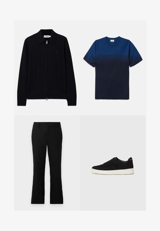 Črna dolga majica s kapuco, zadrgo, ovratnikom, rebrastimi manšetami, subtilnim logotipom spredaj in blagovno znako znotraj ovratnika.; Mornarsko modra bombažna majica s krožnim izrezom, kratkimi rokavi in subtilnim gradientnim vzorcem, ki prehaja od svetlejših do temnejših odtenkov.; Črne široke hlače iz mešanice bombaža, opremljene z gumbom za zapiranje, zanko za pas in gladko teksturo brez vidnih vzorcev.; Črni semiš teniški copati z vezalkami in kontrastnim belim gumijastim podplatom. Imajo teksturirane stranske panele in subtilno oznako na peti.