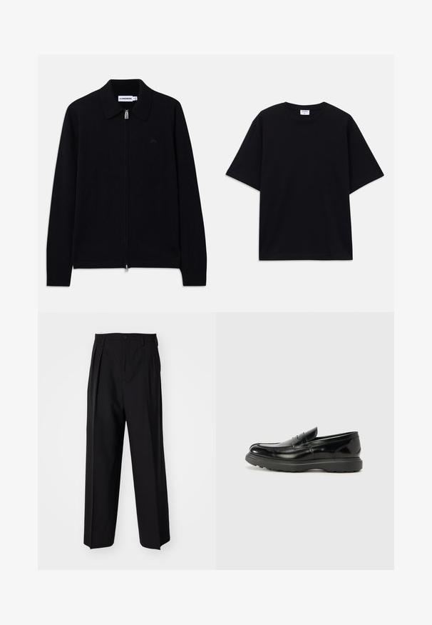 Schwarzer Langarm-Zip-Pullover mit Kragen, gerippten Bündchen, sublilem Frontlogo und geprägtem Etikett innen am Kragen.; Schwarzes, oversized T-Shirt mit kurzen Ärmeln und rundem Ausschnitt, mit sichtbarem Filippa K Markenlabel im Kragen.; Schwarze, plissierte Hose mit geradem, weitem Bein. Hergestellt aus glattem Stoff, mit Knopfverschluss und Gürtelschlaufen.; Schwarze Lederloafer mit glanzendem Finish, abgerundetem Zehenbereich, subtilen Steppnähten und einer dicken Gummisohle für Langlebigkeit.