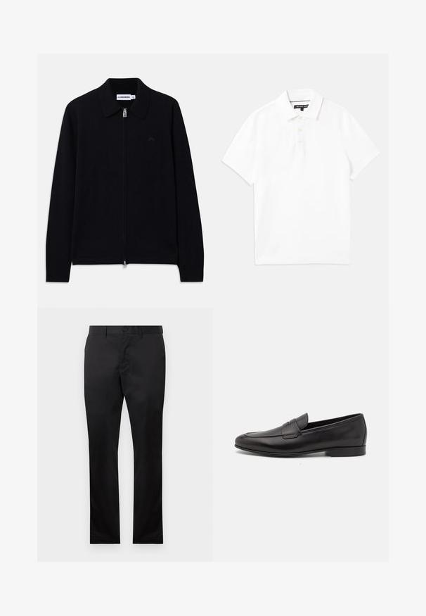 Sweater preto de manga longa com fecho, colarinho, punhos canelados, logótipo discreto à frente e etiqueta da marca dentro do colarinho.; Camisa polo branca feita de uma mistura de algodão respirável, apresentando colarinho, mangas curtas e uma pala com três botões. Textura suave, sem padrões.; Calças de algodão pretas com um design de perna reta, apresentando um fecho frontal com botão e bolsos laterais, textura suave, sem padrões visíveis.; Sapatilha masculina em couro preto, com salto baixo e um design clássico com tira de moeda, apresentada em perfil lateral sobre um fundo branco.