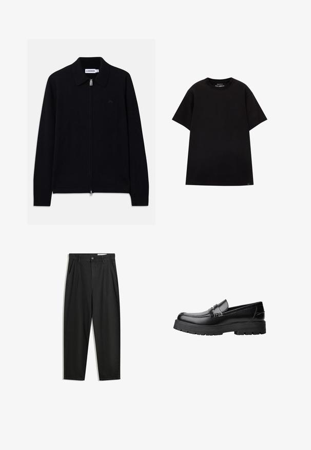 Mustavilla pitkähihaine vetoketjullinen neulepusero, jossa on kaulus, ribbien hihansuut, huomaamaton etulogo ja merkattu lappu kauluksessa.; PULL&BEAR JOIN LIFE - T-paita - black; Mustat puuvillahousut rentoa mallia, joissa on klassinen vyötärö, etukangastukset ja sivutaskut. Sileä pinta ilman kuvioita.; Musta nahkainen loaferi, jossa on paksu urheilupohja ja koristeellinen hihna yläpääkkeellä, esitettynä vasemman sivuprofiilin kuvassa valkoista taustaa vasten.