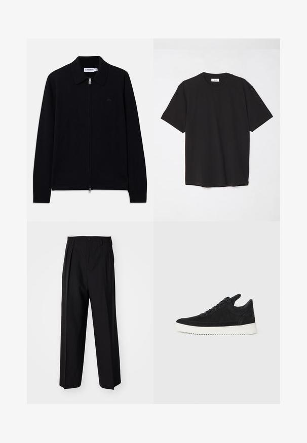 Sweat-shirt zippé noir à manches longues avec col, poignets côtelés, logo discret sur le devant et étiquette de marque à l'intérieur du col.; T-shirt en coton noir avec un col ras du cou, des manches courtes et une coupe décontractée. Design simple, texture lisse, sans motifs ni logos visibles.; Pantalons plissés noirs avec un design droit et large. Fabriqués en tissu lisse, avec une fermeture à bouton et des passants de ceinture.; Baskets en daim noir avec une semelle en caoutchouc blanc, présentant des coutures tonales et un design lacé. Texture lisse avec une forme moderne et épurée.