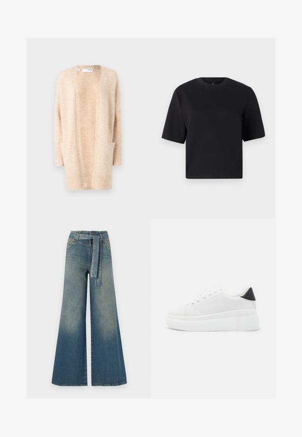 Μπεζ ζακέτα από μαλακό πλεκτό ύφασμα με V-λαιμόκοψη, ανοιχτό μπροστά και δύο πλευρικές τσέπες. Διαθέτει ριμπ μανσέτες και στρίφωμα.; Μαύρο μπλουζάκι κοντό μανίκι, στρογγυλή λαιμόκοψη, κατασκευασμένο από λείο βαμβακερό ύφασμα; άνετη εφαρμογή, μινιμαλιστικός σχεδιασμός, χωρίς ορατά μοτίβα ή λεπτομέρειες.; Πολυάριθμα τζιν παντελόνια με φαρδύ πόδι που διαθέτουν ένα ελαφρύ έως σκούρο μπλε gradient, ψηλή μέση, θηλιές ζώνης και μια ταιριαστή ζώνη από το ίδιο ύφασμα. Υφή τζιν.; Λευκά πλατφόρμα αθλητικά παπούτσια κατασκευασμένα από λείο συνθετικό υλικό, με στρογγυλή μύτη, σχέδιο με κορδόνια και υφασμένη καουτσούκ σόλα. Μαύρη έγχρωμη λεπτομέρεια στη φτέρνα.