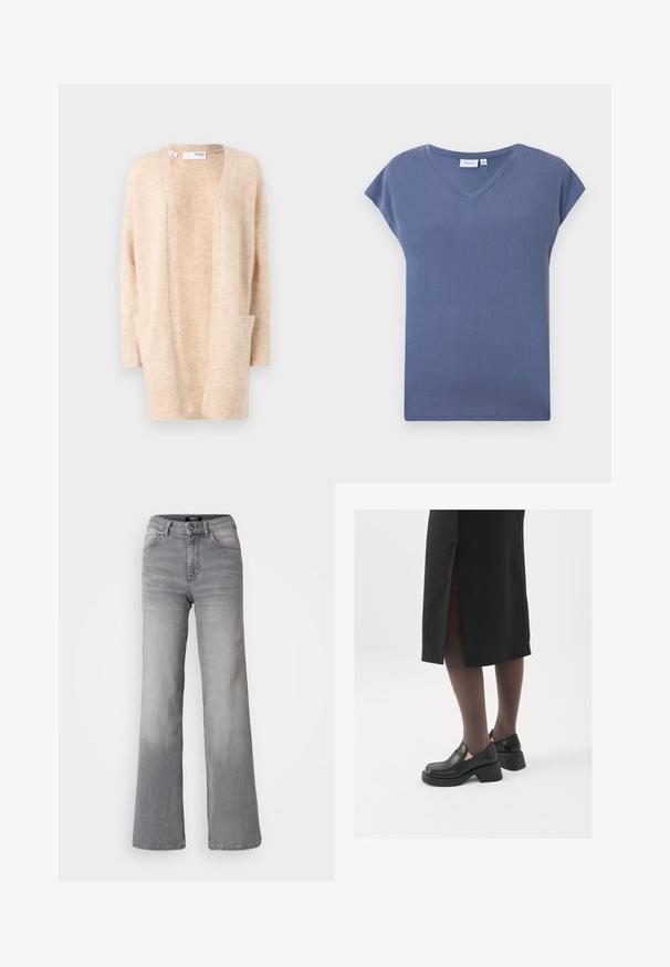 Beige kardigán, puha kötött anyagból készült, V-nyakkal, nyitott elülső résszel és két oldalsó zsebbel. Bordázott mandzsettákkal és aljjal rendelkezik.; V-nyakú, rövid ujjú póló halvány kék színben, puha pamut anyagból, sima textúrával és laza fazonnal.; Magasan derekú, egyenes szárú, szürke farmernadrág, elől gombbal és cipzárral, elülső és hátsó zsebekkel, valamint elhalványodott árnyékolással a combokon és a vádlikon.; Fekete bőr cipők lekerekített orral, vastag blokk sarkakkal és elasztikus oldalsó díszítésekkel, sötét harisnyával és hasítékkal ellátott fekete szoknyával párosítva.