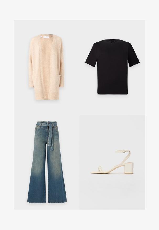 Béžový kardigán vyrobený z mäkkej pleteniny s véčkovým výstrihom, otvoreným predným dielom a dvoma postrannými vreckami. Má rebrované manžety a lem.; Čierne tričko s krátkym rukávom a okrúhlym výstrihom, vyrobené z mäkkej bavlny. Jednoduchý dizajn, bez viditeľných log alebo vzorov.; Džínsy s širokými nohavicami, ktoré majú prechod od svetlomodrej po tmavomodrú, vysoký pás, pútka na opasok a opasok z rovnakého materiálu. Textúrovaný denimový povrch.; Bežové sandále na blokovom podpätku vyrobené z hladkého materiálu, s tenkým remienkom okolo členku a prúžkom na prsty s perlovým akcentom. Pláty podošvy.