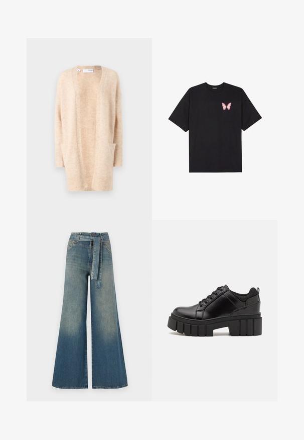 Beige cardigan laget av mykt strikket stoff med V-hals, åpen front og to sidelommer. Har ribbestrikkede ermer og nederkant.; Svart bomulls T-skjorte med korte ermer, med en liten rosa sommerfugl grafikk på venstre bryst. Crew-neck design med en avslappet passform.; Bredde ben jeans med en lyseblå til mørkeblå gradient, høyt liv, beltehemper og et matchende belte i samme stoff. Teksturert denimoverflate.; Svarte lærplattformsko med kraftig blokkhell, rund tå og tradisjonell snøring. Har en jevn tekstur og minimal detaljering.