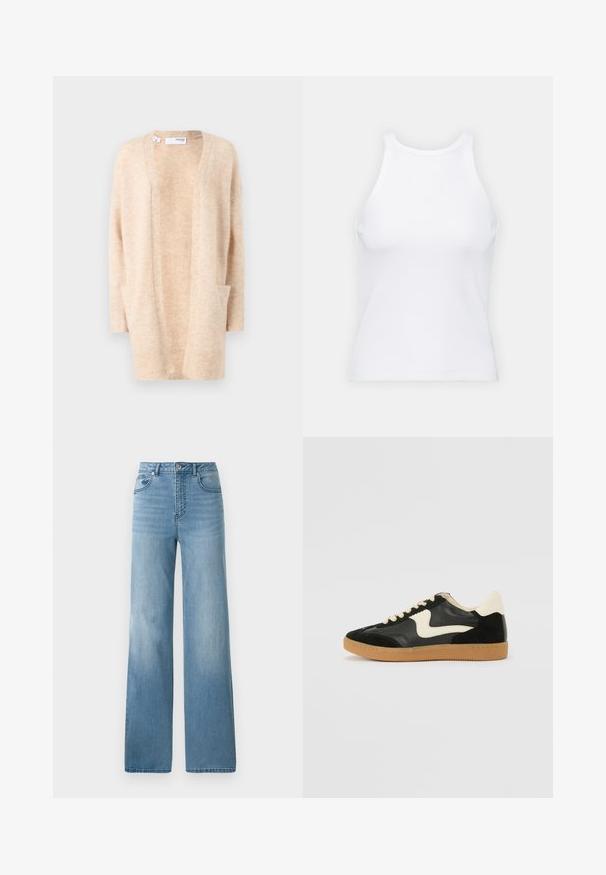 Bežinė megztinė pagaminta iš švelnaus mezginio, su V formos iškirpte, atvira priekine dalimi ir dviem šoninėmis kišenėmis. Yra banguoti rankogaliai ir apatinė dalis.; Baltas be rankovių marškinėlis, pagamintas iš išklotinės medžiagos, su apvaliu iškirpimu ir prigludusia siluetu, minimaliais siūlais ir be dekoracijų.; Šviesiai mėlynos aukšto liemens džinsai su tiesiu sijonu. Pagaminti iš džinsinio audinio, su penkiomis kišenėmis ir mygtukų uždarymu.; Juodos zomšo ir odos sportinės bateliai su kreminiu šoniniu swoosh ir šviesiai kreminiu kulnu. Ypatybės - smėlio spalvos raišteliai ir guminis padas.