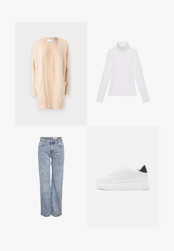 Cardigã beige feito de um tecido de malha suave, com decote em V, frente aberta e dois bolsos laterais. Apresenta punhos e bainha canelados.; Camisola de gola alta de mangas longas, feita de um tecido liso e elástico. Apresenta um colarinho alto e um design ajustado, sem padrões ou adornos visíveis.; Jeans de perna larga em azul-claro, feitos de denim, com cintura alta, design de cinco bolsos e um desvanecimento sutil para um aspeto usado.; Tênis plataforma brancos feitos de material sintético suave, apresentando ponta arredondada, design com cadarços e sola de borracha texturizada. Acento preto no calcanhar.