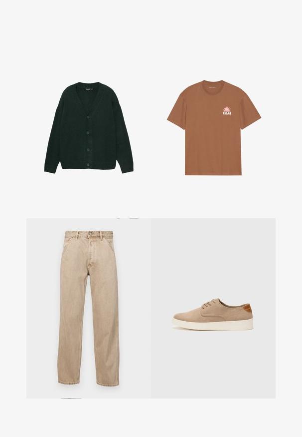 Dunkelgrüner Cardigan aus weichem Strickstoff, mit V-Ausschnitt, gerippten Bündchen und fünf Knöpfen auf der Vorderseite. Entspannt geschnitten.; Braunes Kurzarm-T-Shirt aus Baumwolle mit einem rosa Sonnenmotiv und dem Text "SOLAR" auf der linken Brust. Mit Rundhalsausschnitt.; Beige Denim-Jeans mit geradem Beinschnitt, ausgestattet mit Vordertaschen, einem Metallknopfverschluss und feiner Textur.; Beige Wildleder-Sneaker mit runder Zehenpartie, Schnürung und strukturiertem Rückenteil. Die weiße Gummisohle sorgt für einen Kontrast. Einfaches und modernes Design.