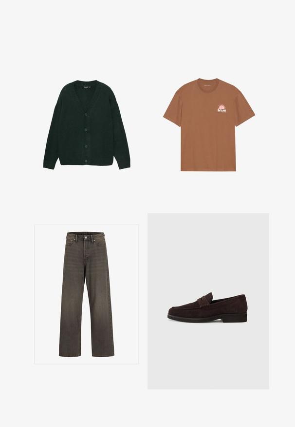 Dunkelgrüner Cardigan aus weichem Strickstoff, mit V-Ausschnitt, gerippten Bündchen und fünf Knöpfen auf der Vorderseite. Entspannt geschnitten.; Braunes Kurzarm-T-Shirt aus Baumwolle mit einem rosa Sonnenmotiv und dem Text "SOLAR" auf der linken Brust. Mit Rundhalsausschnitt.; Weite Jeans aus dunkelgrauem Denim mit hoher Taille, klassischem Fünf-Taschen-Design und kontrastierendem Stepp entlang der Nähte.; Braune Wildleder-Slipper mit niedrigem Profil und runder Zehenform. Verfügt über einen dekorativen Riemen über dem Obermaterial, eine flache Gummisohle und keine sichtbaren Nähte.