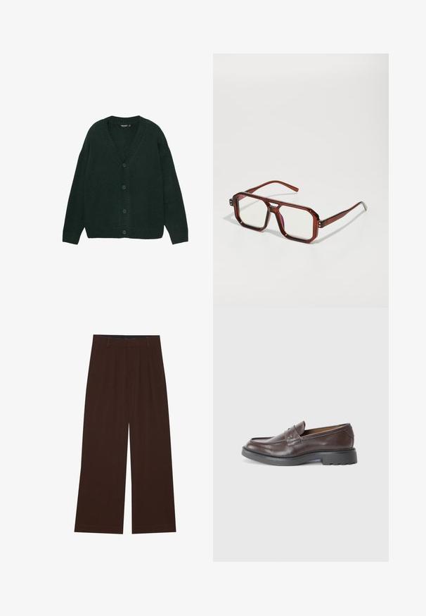 Tummanvihreä neulecardigan, joka on valmistettu pehmeästä neulekankaasta. Siinä on V-pääntie, ribbireunat hihansuissa ja viisi nappia edessä. Rentoa istuvuutta.; Kaksi lyhythihaista pyöreäkauluksista t-paitaa, yksi musta ja yksi valkoinen, valmistettu pehmeästä puuvillamateriaalista, jossa on röpelöinen pinta. Klassinen istuvuus.; Ruske leve široke hlače z gubami. Narejene so iz gladkega blaga, z oblikovanim pasom in stranskimi žepi. Ravna obleka na dnu.; Ruske nahkalenkkarit, joilla on sileä pinta, pyöreä varvas, minimaalinen ommel ja paksu musta kumipohja. Ei näkyvää varustusta tai koristeita.; Ruskeista läpinäkyvistä ylisuurista laseista, joissa on suorakulmaiset linssit ja hoikat varsiosat. Kulmat ovat viistetyt ja hieman pyöristetyt, ja näkyviä varusteita on lisätty.; Hopeaketju, jossa on paksuja lenkkejä ja keskellä hienostuneesti yksityiskohtainen pyöreä riipus. Sileä, heijastava metallipinta.