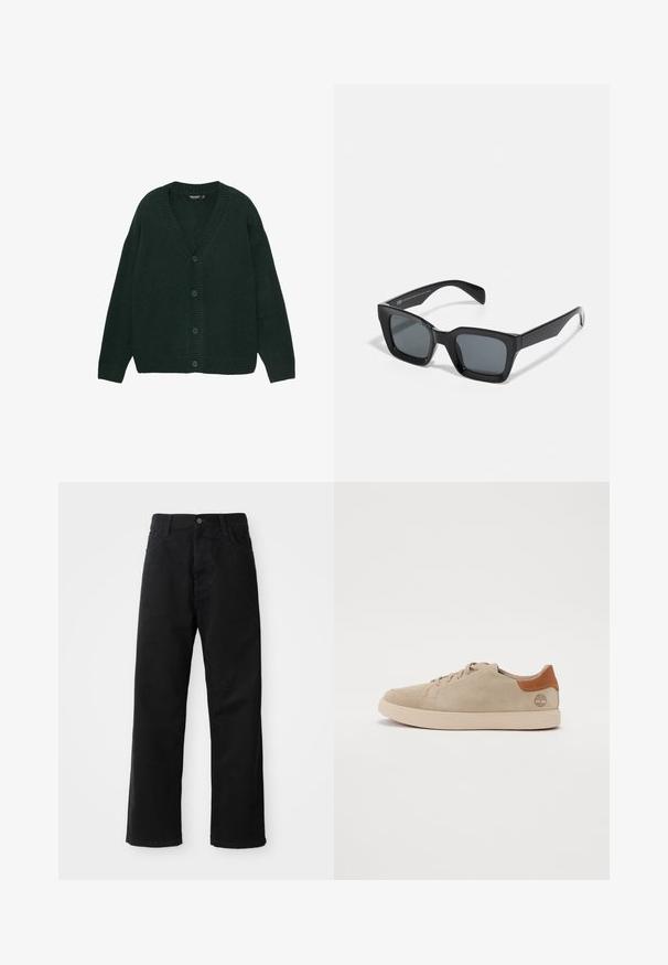 Tmavozelený kardigan vyrobený z jemne pleteného materiálu, s výstrihom do V, rebrovanými manžetami a piatimi gombíkmi v prednej časti. Uvoľnený strih.; Biele bavlnené tričko s krátkymi rukávmi, okrúhlym výstrihom a čiernym tlačeným textom na hrudi, ktorý znie "Carhartt Work in Progress 1989."; Čierne denimové nohavice so rovným strihom, vystúpené predné vrecká, zips a jedno horné gombík. Štruktúrovaná tkanina s matným povrchom.; Béžové semišové tenisky so šitým vzorom, svetlý gumový podrážka a hnedé kožené akcenty na päte a logu.; Čierne obdĺžnikové slnečné okuliare s tmavými sklami. Plastový rám s lesklým povrchom, s širokým mostíkom a mierne zúženými stranami.