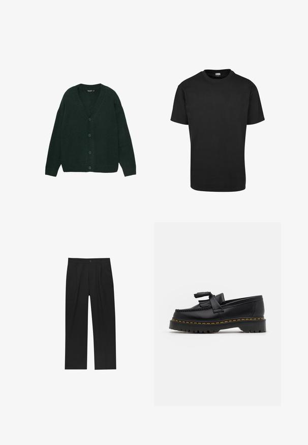 Tmavozelený kardigan vyrobený z jemne pleteného materiálu, s výstrihom do V, rebrovanými manžetami a piatimi gombíkmi v prednej časti. Uvoľnený strih.; Čierne bavlnené tričko s výstrihom do okrúhla, krátkymi rukávmi a rovný lem. Hladká textura; jednoduchý, nezdobený dizajn.; Čierne nohavice s rovnými nohavicami, vyrobené z hladkej tkaniny. Majú predné puky a jediné gombíkové zapínanie v páse.; Čierne kožené loafre s detailom na strapcoch, s masívnou čiernou podrážkou a žltým prešitím pozdĺž okraja. S textúrovaným povrchom.