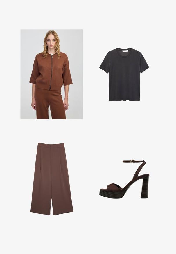 Young woman with wavy blonde hair wearing a brown zip-up short-sleeve top and matching brown pants against a plain background.; Black crew-neck t-shirt made of soft cotton. Short sleeves, relaxed fit, and straight hem with no embellishments or patterns.; Brown wide-leg trousers with a smooth texture, featuring a high waist and front pleats. The fabric is lightweight and flows loosely.; Brown suede high-heeled sandal with an open toe, adjustable ankle strap, and a striped platform sole.