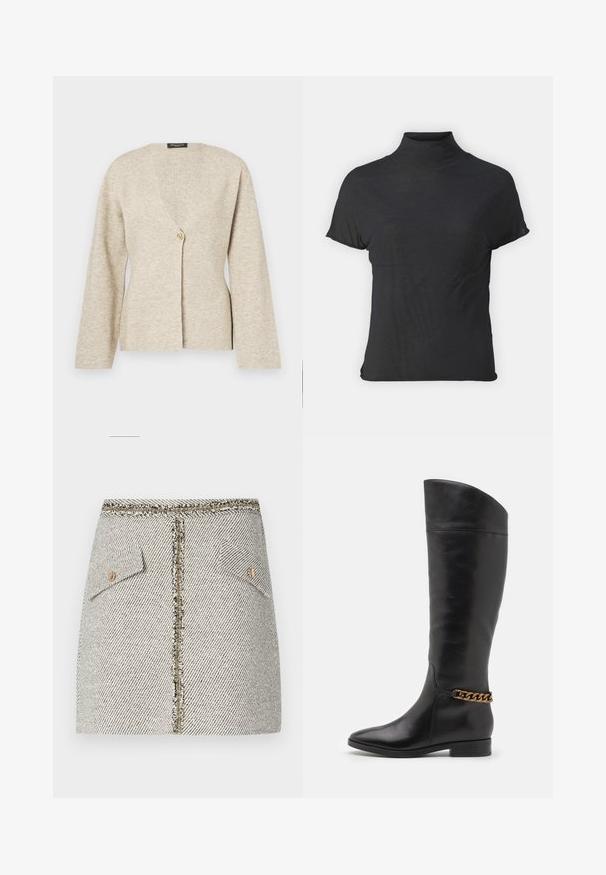 Beige cardigan van zachte gebreide stof, met een V-hals, lange mouwen en een enkele gouden knoopsluiting aan de voorkant.; Zwarte korte mouwen coltrui gemaakt van lichtgewicht stof met een gladde textuur en een getailleerde pasvorm, met een hoge halslijn.; Geweven tweed rok in een zwart-wit visgraatpatroon, met twee voorzakken en een gouden rits aan de achterkant met rafelige randen.; Hoge zwarte leren laarzen met een slank ontwerp, spitse neus en een gouden kettingaccent bij de enkel. Lage blokhak. Glad textuur.