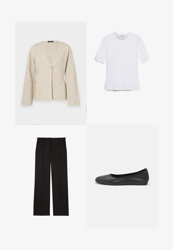 Cardigan beige en tissu tricoté doux, avec un décolleté en V, des manches longues et une seule fermeture à bouton en or à l'avant.; T-shirt blanc à manches courtes en tissu côtelé. Col rond, coupe régulière et détails de couture subtils. Aucune motif ni graphique.; Pantalons noirs sur mesure en tissu lisse, présentant une coupe droite, avec deux poches latérales. Construction élégante et minimaliste.; Ballerines en cuir noir avec un bout rond, texture lisse, détails de couture minimalistes et design de semelle flexible.
