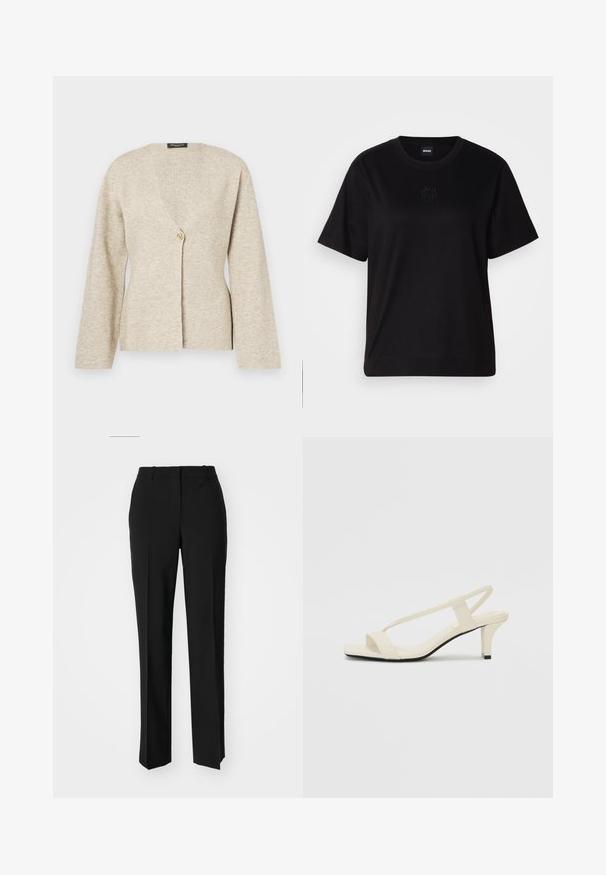 Bež kardigan od mekanog pletiva, s V-izrezom, dugim rukavima i jednim zlatnim dugmetom za zatvaranje sprijeda.; Crna pamučna majica s okruglim izrezom, kratkim rukavima i izvezenim logotipom na prsima. Jednostavan, opušten kroj bez uzorka.; Crne krojene hlače ravnog kroja, s glatkom teksturom i oštrim pregibima naprijed. Bez vidljivih metalnih dijelova.; Bež sandale na blok petu s tankim remenčićima i kvadratnim vrhom. Glatki materijal s minimalnim detaljima, dizajnirane za jednostavno nošenje.