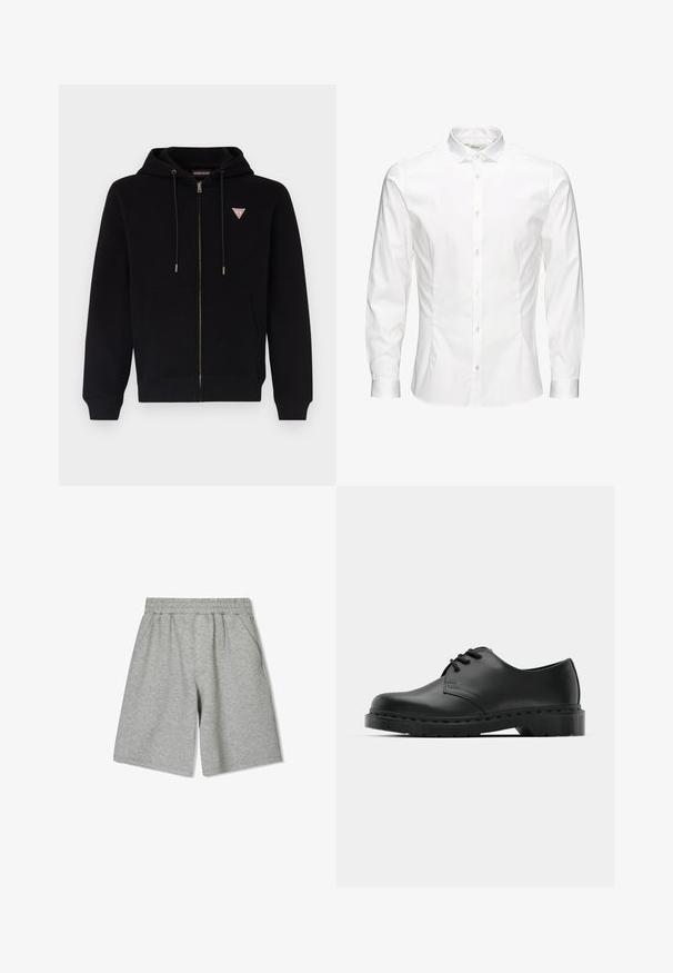 Črn zip-up hoodie iz mehkega materiala, z kengurujskim žepom, kapuco s vrvico in majhnim rdečim ter belim logotipom na prsih.; Bela srajca z dolgimi rokavi in gumbi, izdelana iz gladkega materiala. Ima klasičen ovratnik, sprednje gumbke in manšete z enim gumbom. Oblika je ozka.; Sive kratke hlače iz bombaža z elastičnim pasom, ki imajo stranske žepke in sproščen kroj. Gladka tekstura in dolžina do kolen.; Črne usnjene oksford čevlje z vezalkami, zaobljenim prstom, ravnim gumijastim podplatom in diskretnim šivanjem po zgornjem delu.