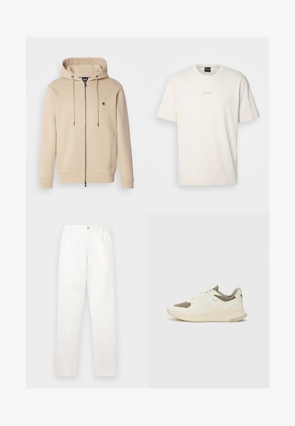 Béžová zipsová mikina vyrobená z mäkkej tkaniny, s kapucňou na šnúrku a rebrovanými manžetami. Na ľavej hrudi má malú nášivku.; BOSS TEE - Základné tričko - open white; Biele nohavice vyrobené z hladkej tkaniny, s rovnými nohavicami, prednými záhybmi a jedným gombíkom na zapínanie v páse.; Biele a svetlo béžové športové tenisky s hornou časťou z mriežkového materiálu, perforovanými detailmi a textúrovanou medzipodrážkou s logom na päte.