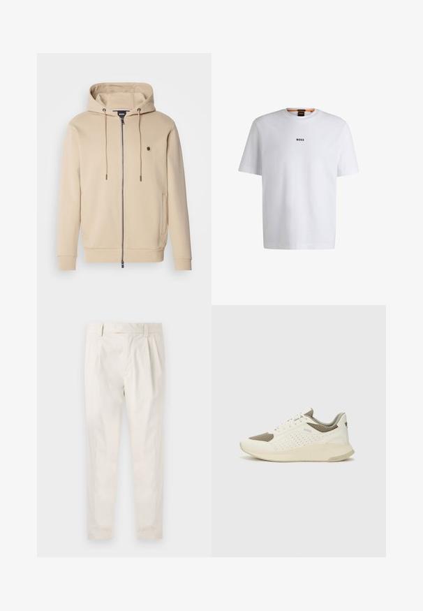 A puha anyagú, bézs színű, zipzáras kapucnis pulóver, húzózsinórral a kapucnin és bordás mandzsettákkal. A bal mellen kis logó található.; Fehér pamut póló rövid ujjakkal, középen fekete "BOSS" logóval a mellkason és kerek nyakú kialakítással.; Fehér, pliszírozott nadrág, testre szabott szabással, sima felülettel, övhurkokkal és karcsú lábszárral. Nincs látható zseb vagy minta.; Fehér és világos bézs sportcipő, légies hálós felsőrésszel, perforált részletekkel és texturált középtalppal, amelyen a saroknál a márka logója található.