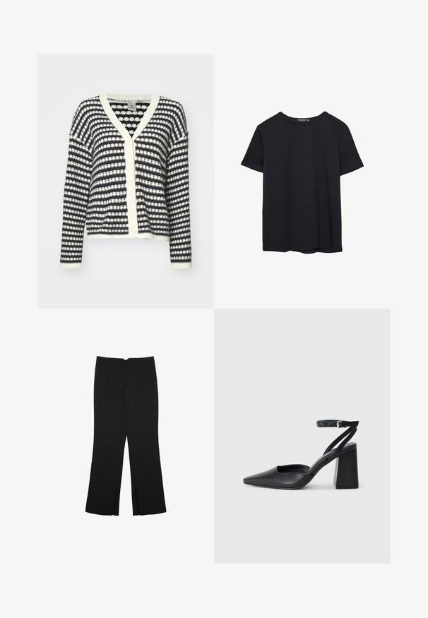 Svetrová bunda s gombíkmi, ktorá má námornícke a krémové pruhy, pletenú textúru, výstrih do V a rebrované manžety. Štyri gombíky na prednej strane na zapínanie.; Jednoduché čierne bavlnené tričko s krátkym rukávom a okrúhlym výstrihom, umiestnené na bielom pozadí.; Čierne nohavice so strihom rovného strihu, s prednými vreckami a bočnými rozparkami na leme. Vyrobené z mäkkej, hladkej tkaniny. Vhodné na rôzne príležitosti.; Čierne kožené lodičky s špicatou špičkou a členkovým remienkom, s masívnym podpätkom. Hladký povrch, elegantný dizajn a minimalistická estetika.