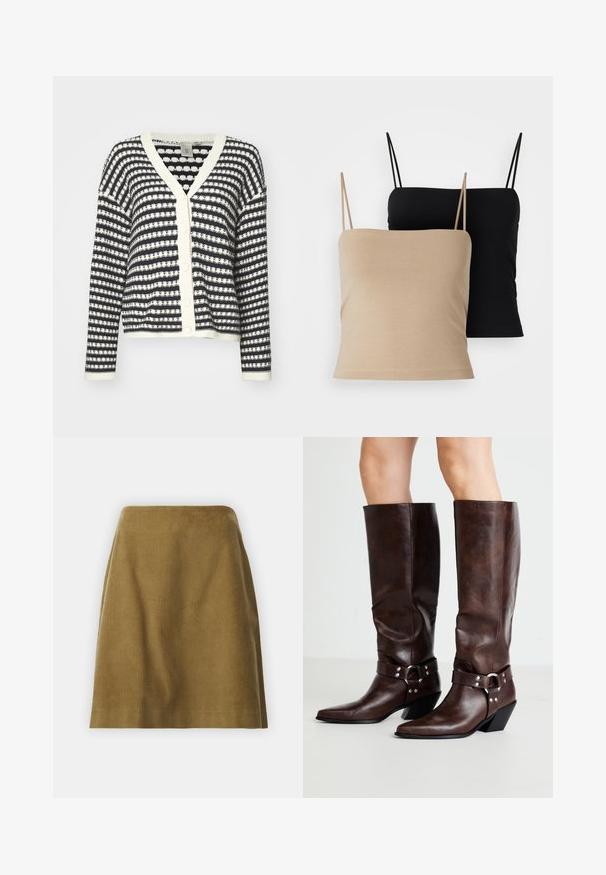 Knopfleiste Strickjacke mit marineblauen und cremefarbenen Streifen, gestrickter Textur, V-Ausschnitt und gerippten Bündchen. Vier Knöpfe vorne zur Schließung.; Zwei Spaghettiträger: ein beiges und ein schwarzes. Beide haben dünne Träger, ein eng anliegendes Design und eine weiche, glatte Textur.; Selected Femme SLFJENNY NEWIBI SKIRT - A-Linien-Rock - camel; RAID NEVIS - Cowboy-/Bikerboot - brown