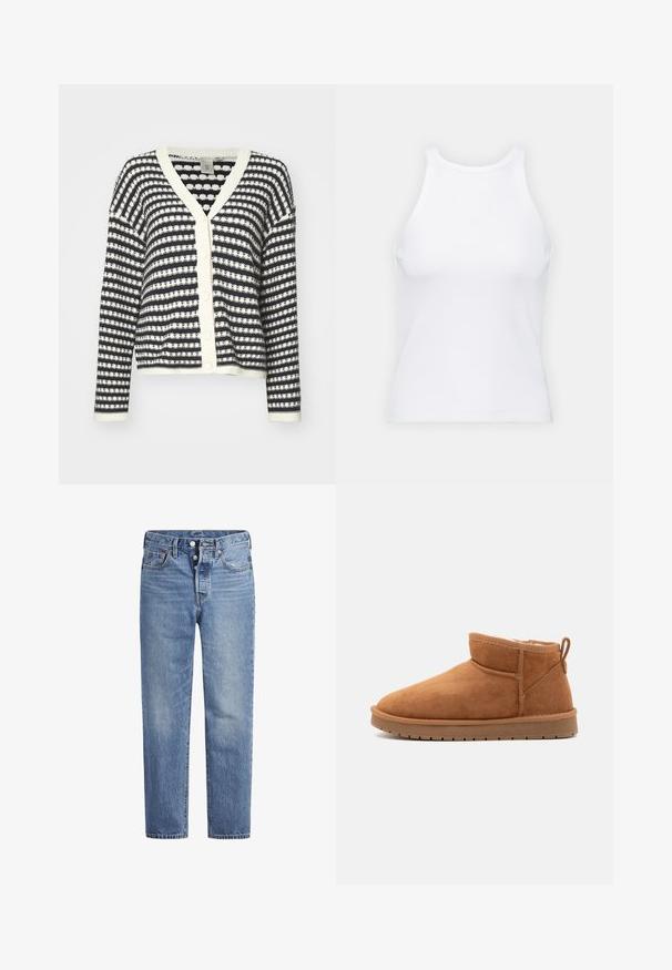 Knapp-up cardigan med marinblå och krämfärgade ränder, stickad textur, v-ringning och ribbade ärmslut. Fyra knappar på framsidan för stängning.; Vit ärmlös linne av ribbat tyg, med rundad halsringning och smal silhuett, med minimala sömmar och utan dekorationer.; Ljusblå denimjeans med rak skärning, femfickorsdesign och knäppning med knapp. Har subtila blekningar och orangea sömnadsdetaljer.; Call it Spring JAMIELEE - Vinterstövlar - camel