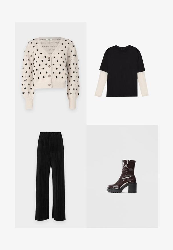 JDY SIGRID LIFE VNECK STRUC - Casaco de malha - cement; T-shirt preta de algodão, com mangas curtas sobre uma camada de mangas longas branca com um padrão texturizado subtil. Design de decote redondo.; Calças pregueadas pretas com uma cintura elástica. Apresentam pernas largas e um tecido liso, texturizado com riscas verticais.; Bota de tornozelo burgundy brilhante com um salto preto robusto, apresentando uma textura suave e um design simples. Sem fechos ou padrões visíveis.