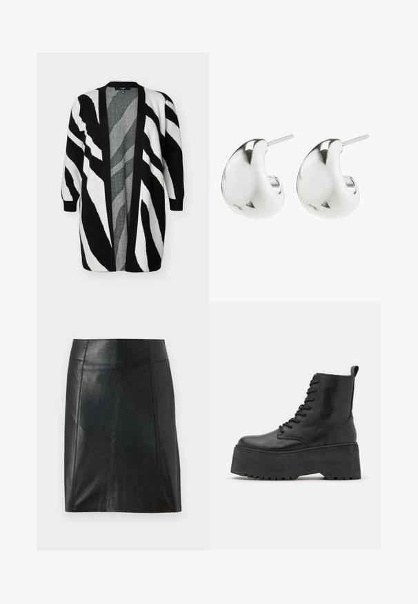 Vero Moda Curve NANCY - Gilet - black/birch; Débardeur blanc côtelé avec un décolleté rond et sans manches, présentant un ourlet droit et une texture lisse et extensible.; Jupe en cuir noir au design ajusté. Texture lisse, coutures soulignant la forme et ourlet droit. Apparence minimaliste et élégante.; Bottes noires jusqu'à la cheville avec une semelle épaisse en plateau, en cuir lisse, dotées d'un design à lacets et d'une languette à l'arrière.; Boucles d'oreilles en argent avec un design lisse et courbé. Elles présentent une finition polie et un fermoir à tige pour un port sécurisé.