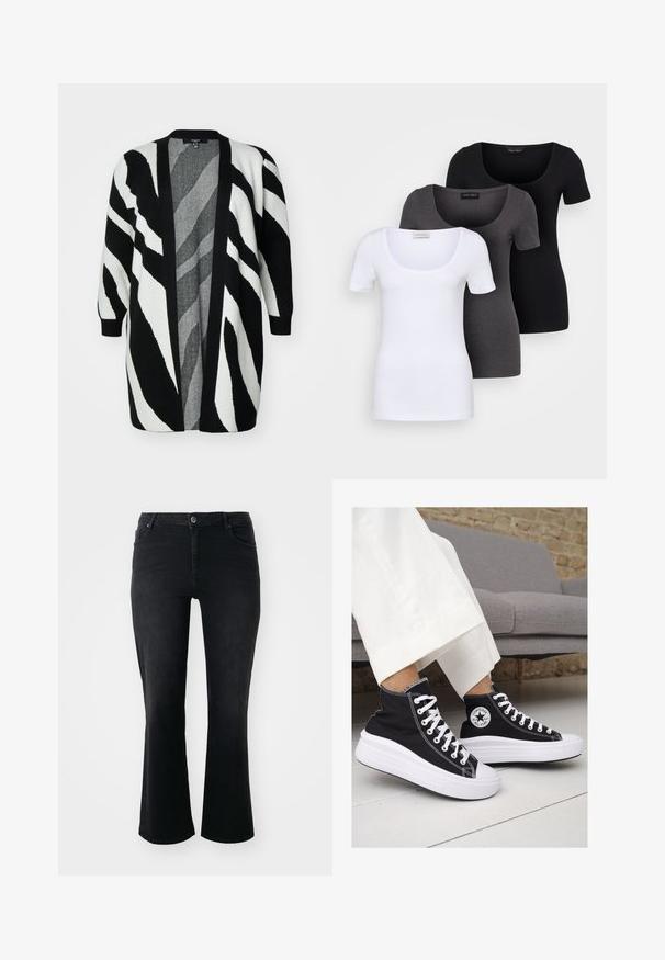 Vero Moda Curve NANCY - Jopica - black/birch; Tri prilegla majica v beli, sivi in črni barvi. Vsaka ima širok izrez na vratu in kratke rokave. Narejene so iz gladkega, raztegljivega materiala.; Črne kavbojke iz denima s srednje visokim pasom, sprednjim gumbom, dvema sprednjima žepoma, dvema zadnjima žepoma in razširjenim krojem nogavic.; Črne platnene visoke superge z belimi gumijastimi podplati in vezalkami. Imajo krožni logotip na strani in kontrastno bele šive.