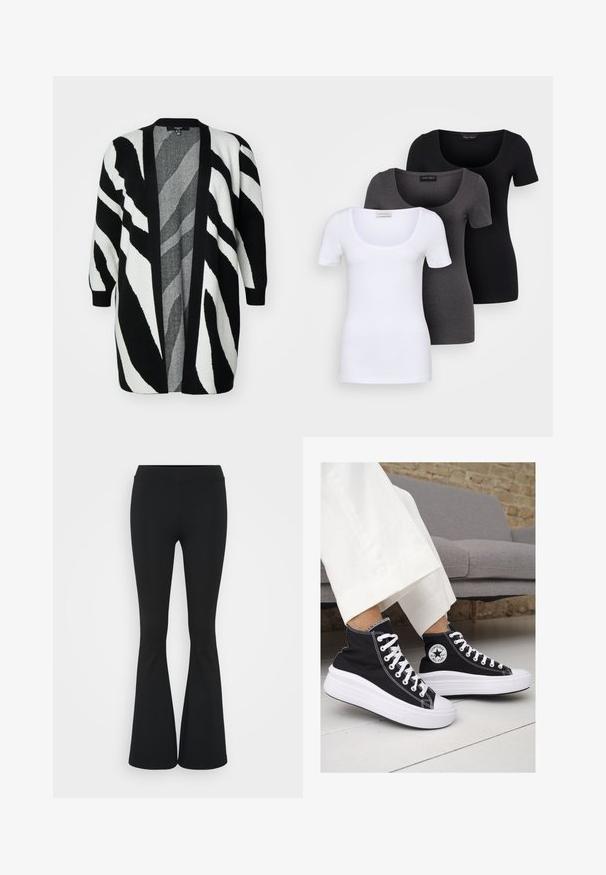 Vero Moda Curve NANCY - Kardigan - black/birch; Tři přiléhavé trička v bílé, šedé a černé barvě. Každé má široký výstřih a krátké rukávy. Vyrobeno z hladké, pružné tkaniny.; Černé zvonové kalhoty vyrobené z elastického materiálu, s vysokým pasem a hladkou texturou. Kalhoty se rozšiřují od kolene.; Černé vysoké plátěné tenisky s bílými gumovými podrážkami a tkaničkami. Na boku mají kulaté logo a kontrastní bílé švy.
